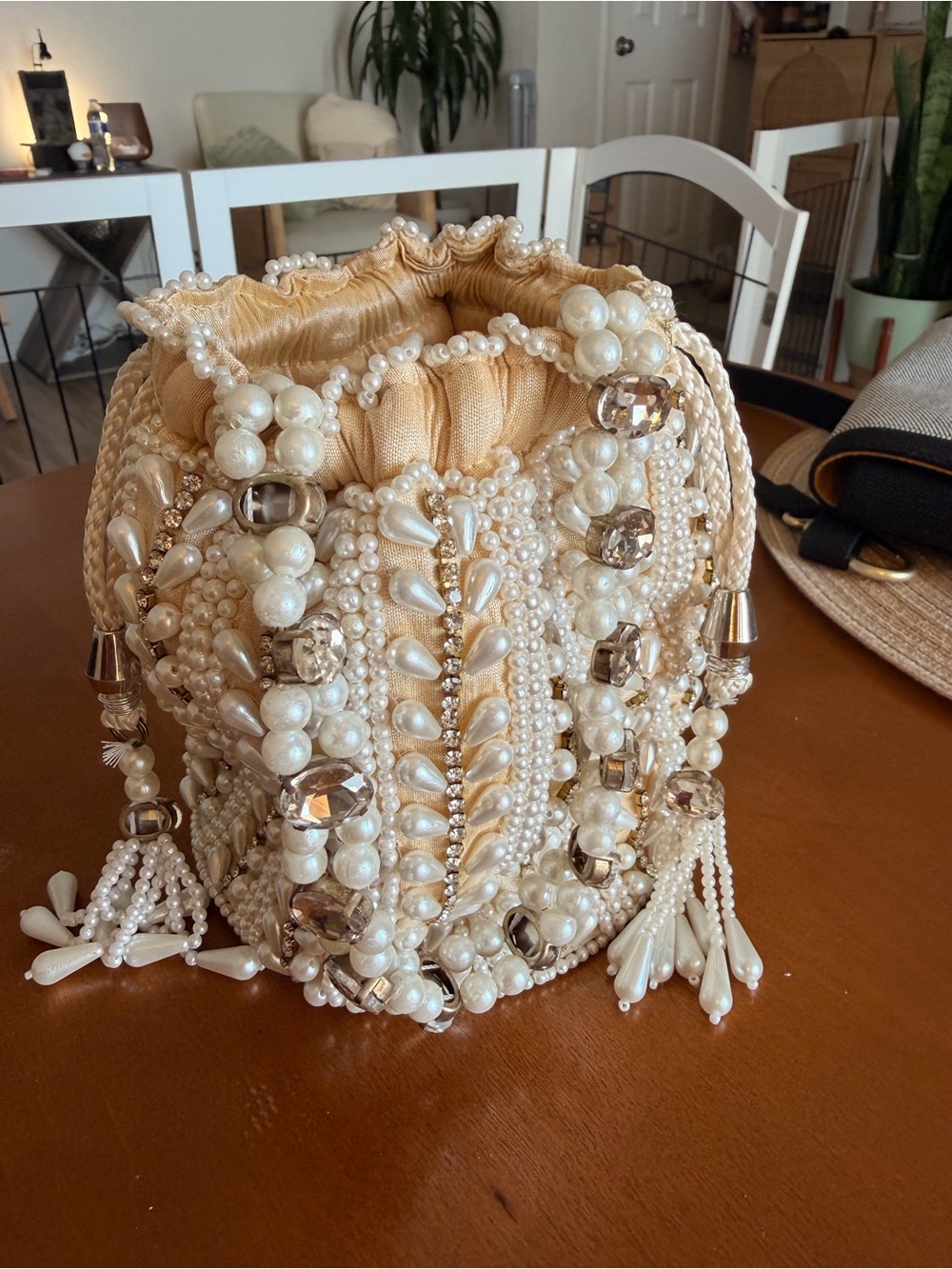 Pearl-Embellished Drawstring Evening Pouch in Champagne
